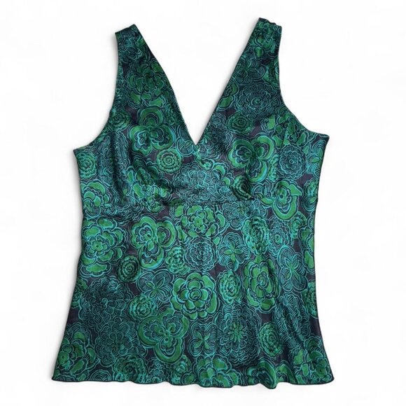 Vintage Old Navy 100% Silk Perfect Fit Tank Blue & Green Floral Print Size L - Picture 5 of 7
